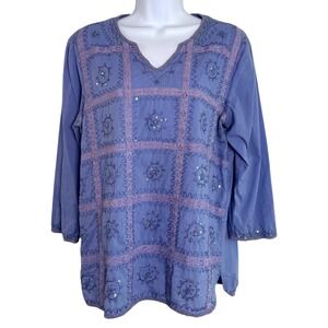 Serengeti Womens Embroidered Sequin Patchwork Cotton Top Sz L Boho Artsy Folksy